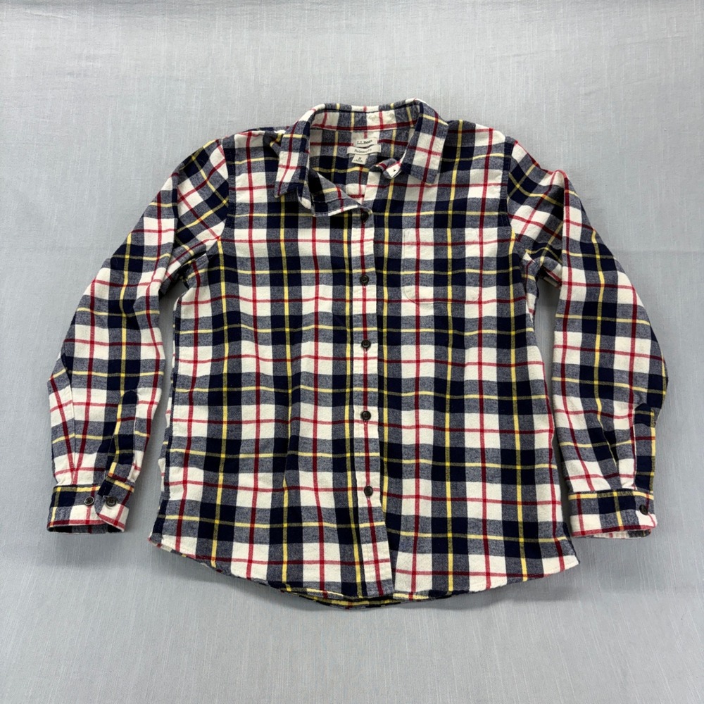 LL Bean Flannel Shirt Womens M Relaxed Fit Plaid Navy Red Yellow Cotton